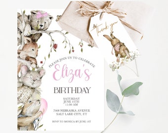 Editable Woodland Animals Invitation + Tags, Girl's Woodland Invitation, Editable woodland animals invitation, Instant download, bear