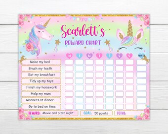 May include: A pink and blue printable reward chart with a unicorn theme. The chart has a space for a child's name, "Scarlett's", and a list of chores with boxes to check off for each day of the week. The reward is "Movie and pizza night" and the goal is 50 points.