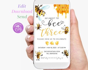 Electronic Bee Birthday Invitation, Editable Bumble Bee Invitation, Honey Bee Birthday Party Invitation for Instant Edit and Download