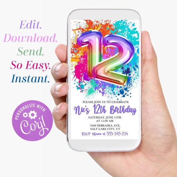 Electronic 12th Birthday Invitation, Rainbow Paint Splat Birthday Invitation, Bright Colors Invitation, Instant download Paint Invitation PS