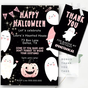 Girls Halloween Party Invitation Cute Ghosts Halloween Invitation Template Editable Halloween Birthday Party BONUS Thank You Tags P1H