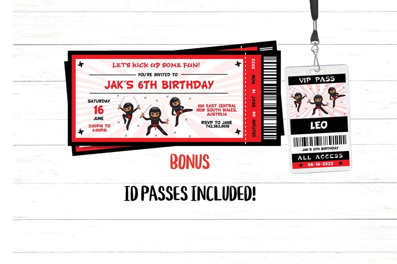 Ninja ticket birthday invitation in red and black with three ninja figures.