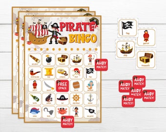 May include: A printable pirate bingo game with a cartoon pirate ship and a pirate character. The game includes a free space and 24 squares with pirate-themed images and words like "spy glass", "bomb", "treasure", "ship", "parrot", "skull", "flag", "barrel", "mermaid", "bottle", "cannon", "hat", "chip wheel", "anchor", "whale", "hook", "crab", "captain", "eye patch", and "Ahoy Matey!"
