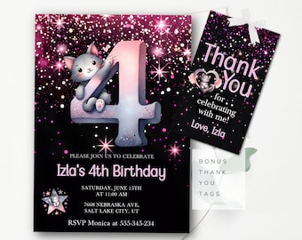 4th Birthday Invitation Pink Glitter Fourth Birthday Invitation Editable Girls Invitation Pink Glitter Kitten Invitation KB1