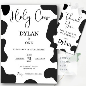Editable Holy Cow 1st Birthday Invitation Template Minimalist Holy Cow Print Birthday Party Invitation Cow Birthday Digital Download Bk