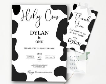 Editable Holy Cow 1st Birthday Invitation Template Minimalist Holy Cow Print Birthday Party Invitation Cow Birthday Digital Download Bk