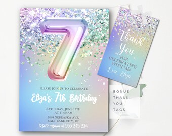 Editable 7th Birthday Invitation Girls Glitter Birthday Invitation Editable Girls Seventh Birthday Invitation Instant Download  GP2