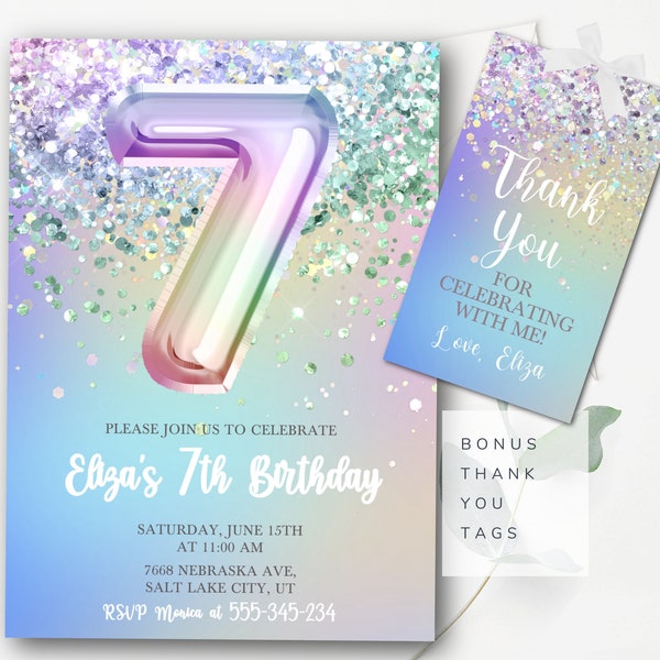 Editable 7th Birthday Invitation Girls Glitter Birthday Invitation Editable Girls Seventh Birthday Invitation Instant Download  GP2