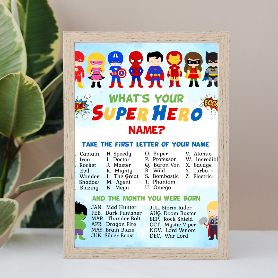 Superhero Party Sign What's Your Superhero Name Sign Superhero Birthday  Superhero Name Game Superhero Party 8x10 Printable DIGITAL 
