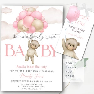 Teddy Bear Baby Shower Invitation Editable Teddy Bear Balloon Bear Theme Baby Shower Invitation Pink Baby Shower Invitation PA