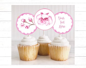 Editable Cherry Blossom Cupcake or Cookie Labels Toppers Cherry Blossom Centerpiece Party Birthday Deco Cherry Blossoms cupcake toppers CB