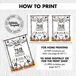 May include: Printable invitation for a rock and roll birthday party. The invitation features a skull with wings, chains, and guitars. The text on the invitation says "Tyler is Born to Rock".
