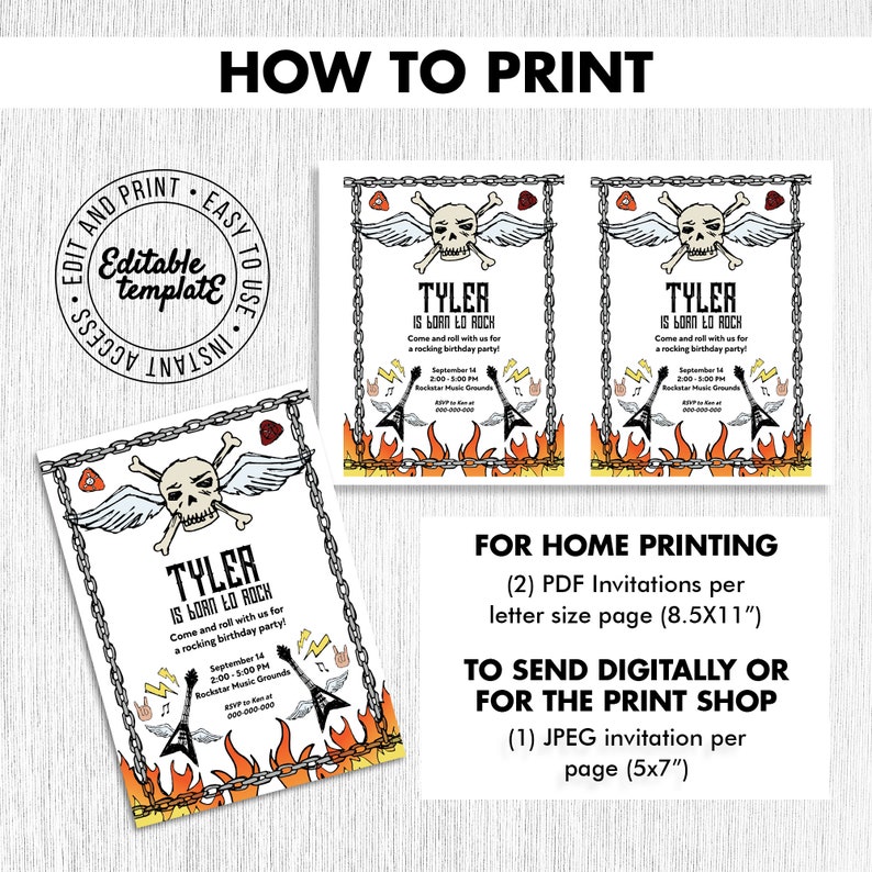 May include: Printable invitation for a rock and roll birthday party. The invitation features a skull with wings, chains, and guitars. The text on the invitation says "Tyler is Born to Rock".