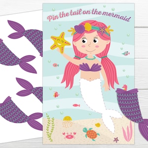 May include: A printable game for a mermaid-themed party. The game is called "Pin the tail on the mermaid". The game board features a cartoon mermaid with pink hair, a purple top, and a white tail. There are four purple mermaid tails to pin on the board.