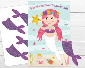 Pin the Tail on the Mermaid printable game. Instant download  Instant Printable party game. Mermaid birthday party game