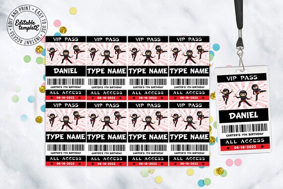 Ninja ID card template in light skin tone you edit and print instantly. Kids novelty ID badge, birthday party id badges, editable vip pass Il_570xn