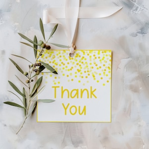 Bewerkbare gele cadeaukaartjes Gele confetti bedankkaarten Bewerkbare tags Gepersonaliseerde gele bedankkaartjes Afdrukbare gele feestkaartjes
