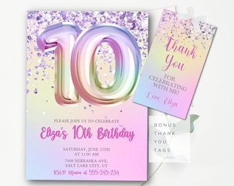 Editable 10th Birthday Invitation Template Girls Glitter Birthday Invitation Editable Girls Fifth Birthday Invitation Instant Download GP1