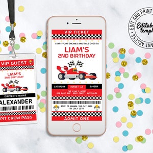 May include: A red and black VIP guest pass with a racing car theme. The pass says "Liam's 2nd Birthday" and has a space for the driver's name. The pass also says "Pit Crew Pass".