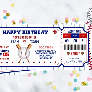 Baseball Gift Ticket Team Baseball Ticket Birthday Gift to edit, download, print instantly. Baseball Surprise Ticket Game Day Gift Ticket image 2