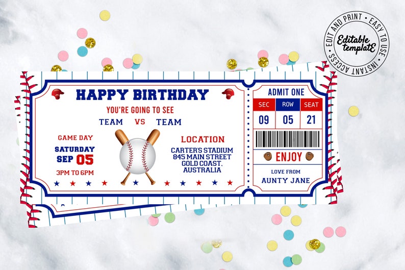 Baseball Gift Ticket Team Baseball Ticket Birthday Gift to edit, download, print instantly. Baseball Surprise Ticket Game Day Gift Ticket image 2