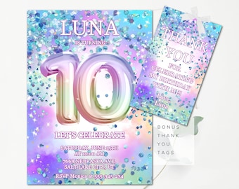May include: A printable birthday invitation with a rainbow-colored number 10 and the name Luna. The background is a pastel purple, blue, and pink ombre with scattered glitter. The text reads "Luna is turning 10, Let's Celebrate, Saturday, June 15th at 11:00 AM, 7668 Nebraska Ave, Salt Lake City, UT, RSVP Monica at 555-345-234". There is also a thank you tag that reads "Thank You for celebrating my birthday with me! Love, Luna".