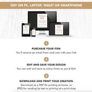 May include: A graphic showing a "Thank You" card design displayed on a tablet, phone, laptop, and desktop computer. The text reads "Edit on PC, Laptop, Tablet or Smartphone." Instructions are provided for purchasing, editing, and printing the design.