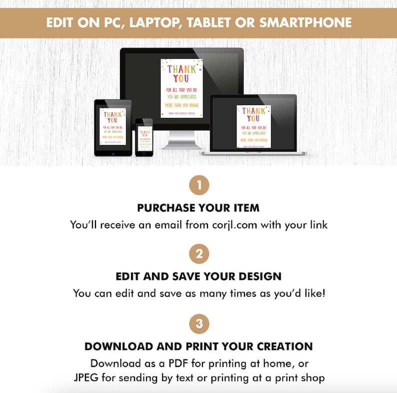 May include: A graphic showing a "Thank You" card design displayed on a tablet, phone, laptop, and desktop computer. The text reads "Edit on PC, Laptop, Tablet or Smartphone." Instructions are provided for purchasing, editing, and printing the design.