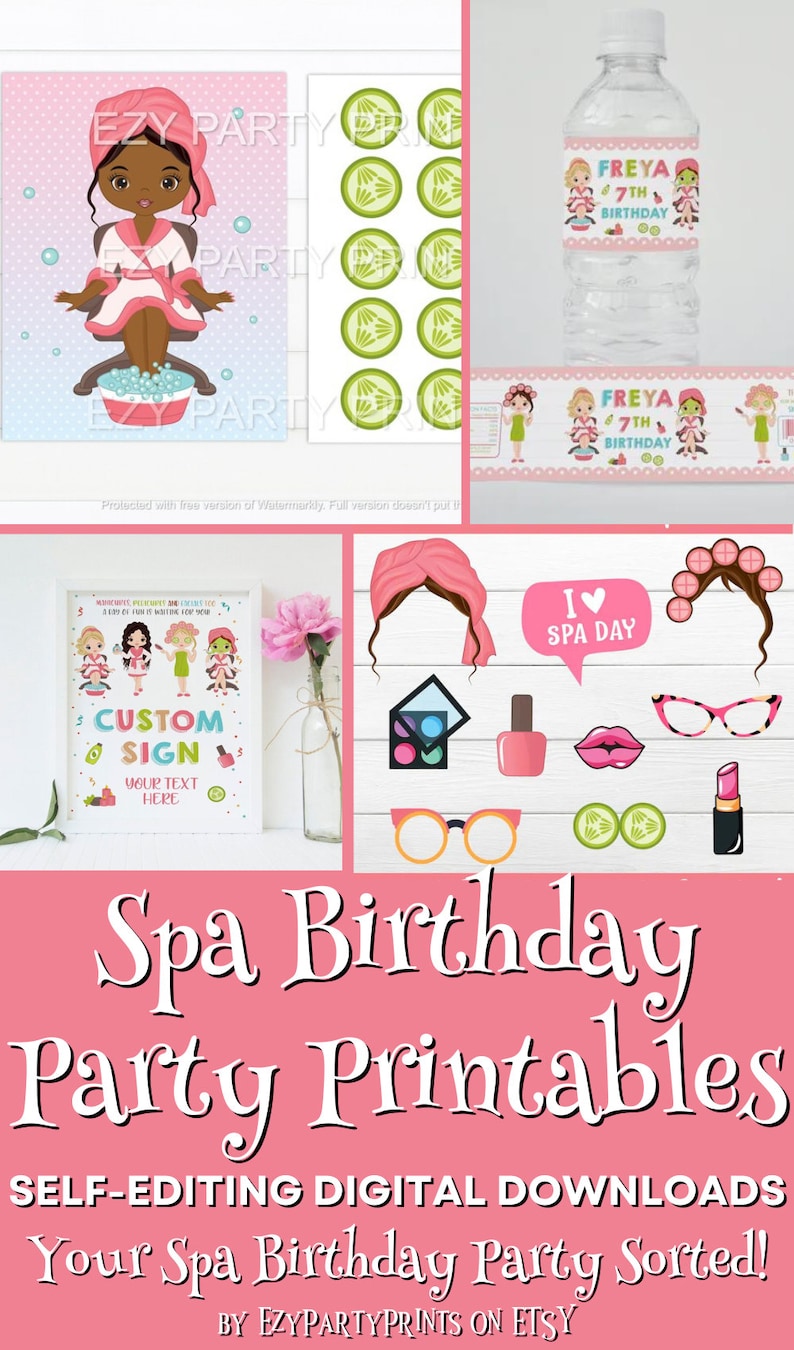 May include: Printable party decorations for a spa-themed birthday party. The set includes a sign, water bottle labels, cupcake toppers, and photo booth props. The decorations feature a cartoon girl with brown skin and pink accents.