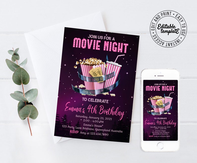 Movie Night Invitation Movie Birthday Invitation Movie Sleepover Popcorn Party Invitation Instant Download Editable Invitation MNP6 image 7