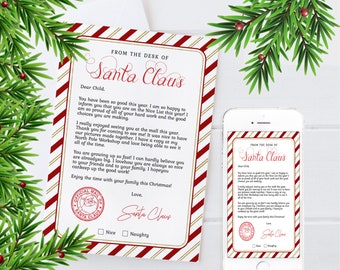 May include: A letter from Santa Claus, featuring a red and white striped border and gold accents. The letter is on a white background and includes the text "FROM THE DESK OF Santa Claus." A smartphone displays the same letter. Christmas theme.