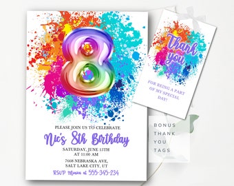 Editable 8th Birthday Invitation Paint Splat Birthday Invitation Template Bright Colors 8th Invitation Paint Invitation Instant Download  PS