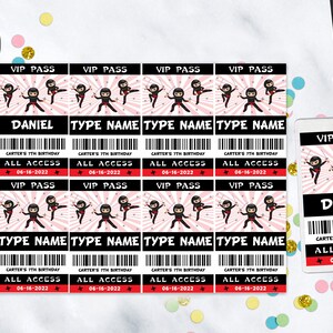 Op de afbeelding: Een set printbare VIP-passen met een cartoon-ninja-figuur. De passen zijn roze en zwart met witte tekst en een barcode. De tekst op de passen luidt "VIP Pass", "Carter's 7th Birthday", "All Access" en "06-16-2022".