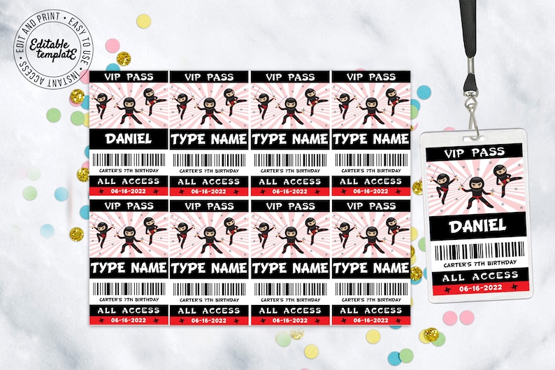 Op de afbeelding: Een set printbare VIP-passen met een cartoon-ninja-figuur. De passen zijn roze en zwart met witte tekst en een barcode. De tekst op de passen luidt "VIP Pass", "Carter's 7th Birthday", "All Access" en "06-16-2022".