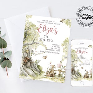 May include: Editable invitation template for a 5th birthday party with a woodland theme. The invitation features a whimsical illustration of a tree with a door, a rabbit, and butterflies. The text reads "Please join us for a picnic in the woods Eliza's 5th Birthday Saturday June 15th at 11:00 am Pickleberry Park RSVP Monica 000.000.000".