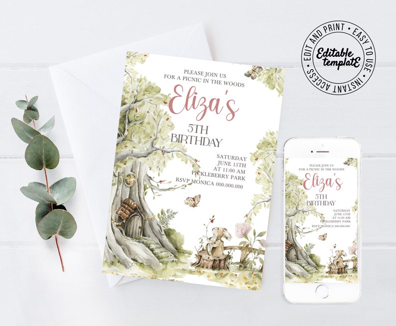 May include: Editable invitation template for a 5th birthday party with a woodland theme. The invitation features a whimsical illustration of a tree with a door, a rabbit, and butterflies. The text reads "Please join us for a picnic in the woods Eliza's 5th Birthday Saturday June 15th at 11:00 am Pickleberry Park RSVP Monica 000.000.000".