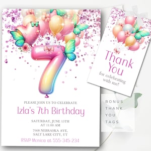 Invito modificabile per il settimo compleanno Invito per il settimo compleanno pastello Invito modificabile per ragazze Glitter Foil Pastel Girl Settimo compleanno BP1