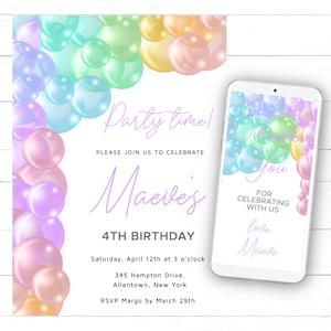 Rainbow Pastel Bubbles Birthday Invitation Pastel Bubbles Girl&#39;s Invitation Pastel Balloons Birthday Invitation for Instant download PB