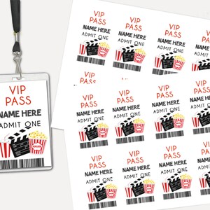 Sjabloon identiteitskaart filmavond Bewerken en direct afdrukken VIP-pas voor kinderfilm Badges voor verjaardagsfeestje film Bewerkbare namen VIP-pas