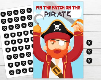 Puede incluir: Juego de "Pin the Patch on the Pirate". Un pirata de dibujos animados rojo, blanco y negro con una mano de gancho, un parche en el ojo y una barba roja sostiene una espada. El juego incluye una hoja con el pirata y una hoja de pegatinas con calaveras y huesos cruzados.