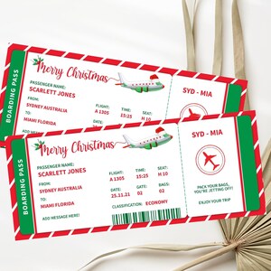 Modelo de cartão de embarque falso de natal, bilhete de avião para impressão, cupom de voo, viagem surpresa, destino de férias, presente instantâneo