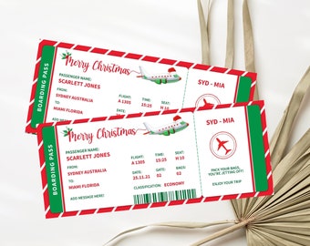 Fake Christmas Boarding Pass Template Printable Plane Ticket Flight Voucher Coupon Surprise Trip Reveal Destination Vacation INSTANT GIFT