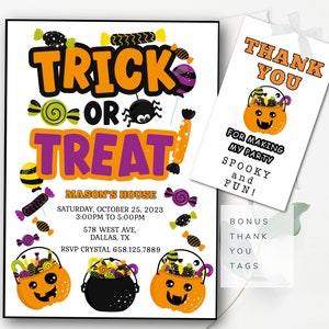 Halloween Trick or Treat Invitation Editable Halloween Party Invitation Template Halloween Birthday Invitation Halloween Thank You Tags