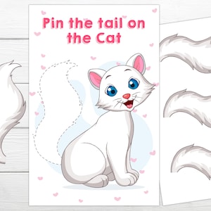 May include: A printable game for kids featuring a white cat with a dotted line where a tail can be attached. Three white tails are included to be cut out and attached to the cat.