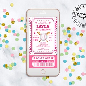Rosa födelsedagsinbjudan till baseboll + matchande ID-brickor Rosa basebollinbjudan till flickor Födelsedagsinbjudan till softboll för flickor DIREKT NEDLADDNING bild 8