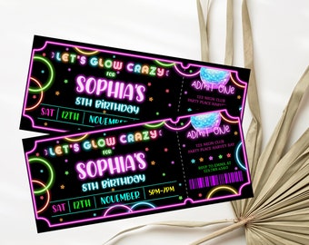 May include: Two black ticket-shaped invitations with neon pink, blue, and green text. The text reads "Let's Glow Crazy for Sophia's 8th Birthday". The top ticket has the date "Sat 12th November" and the bottom ticket has the date "Sat 12th November 5PM-7PM". Both tickets have the words "Admit One" and a disco ball graphic.