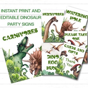 May include: A set of printable dinosaur party signs with watercolour illustrations. The signs include text such as "Carnivores", "Herbivores", "Watering Hole", and "Cards and Gifts". The signs feature various dinosaurs and ferns.