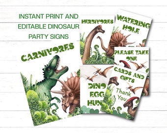 May include: A collection of printable dinosaur party signs with watercolor illustrations. The signs include text such as "Carnivores", "Herbivores", "Watering Hole", and "Cards and Gifts". The signs feature various dinosaurs and ferns.