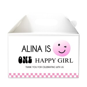 One Happy Girl Birthday Gable Gift Box Label, Pink  Face Gable Box Label, Girl&#39;s First Birthday Favor Label Instant Download HDP
