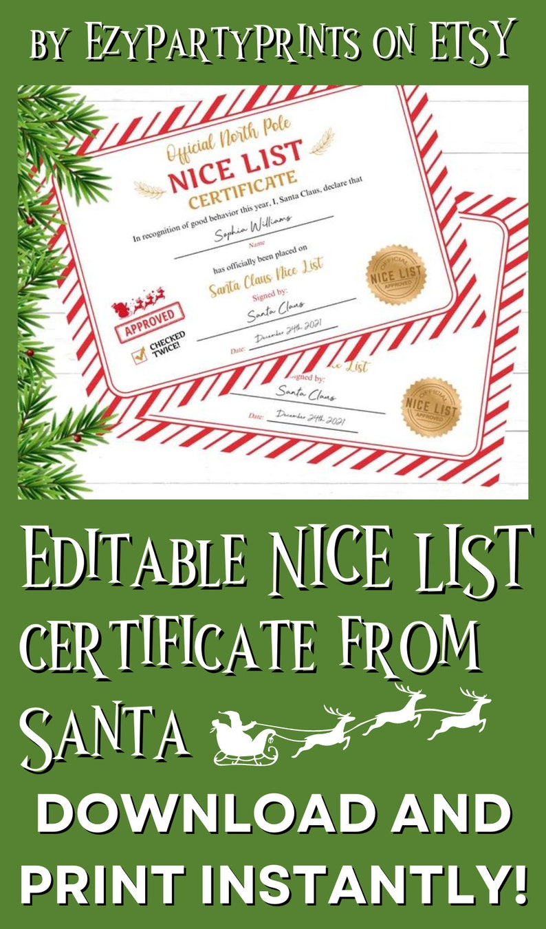 Nice List Certificate From Santa Editable Santa Claus Official Nice ...